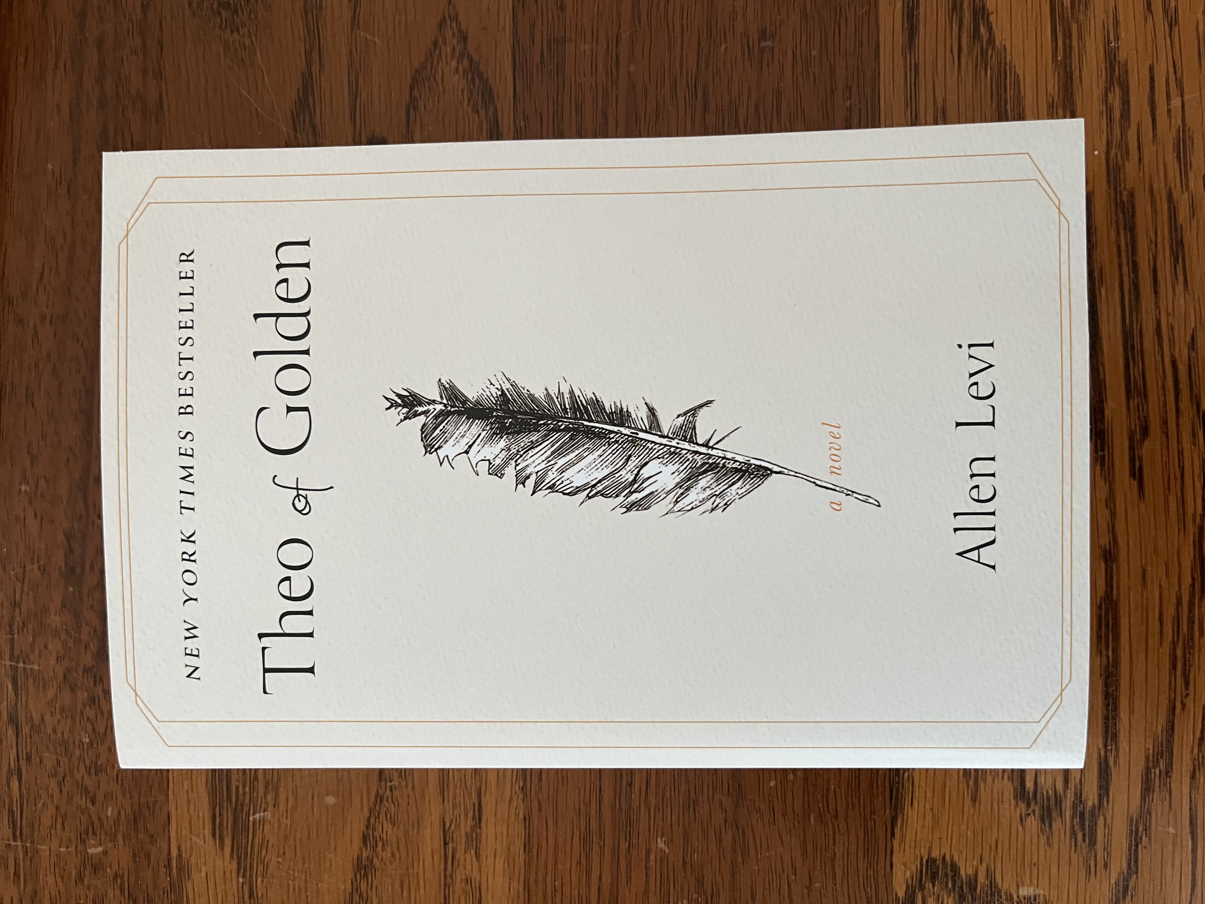 Image of the book Theo of Golden sitting on top of a walnut stained coffee table. 